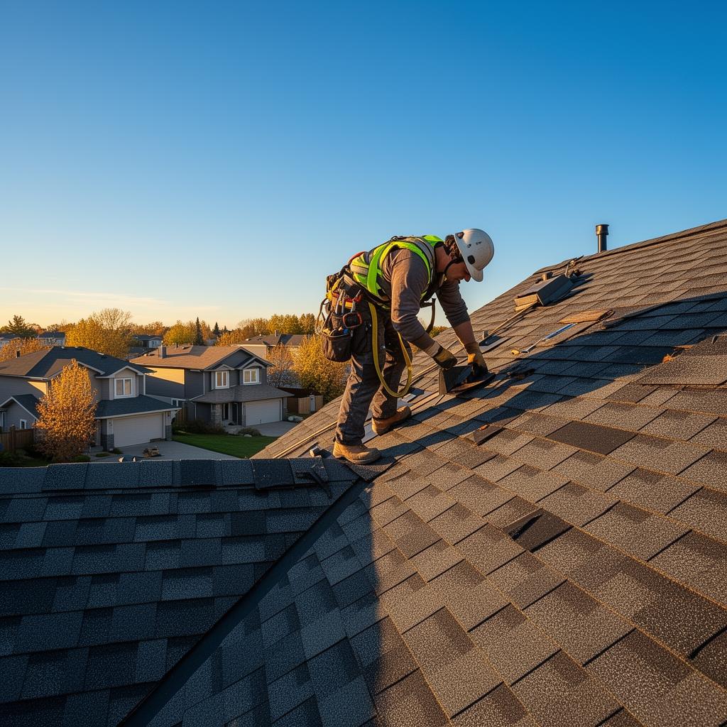 Roofer installing shingles on a Calgary home